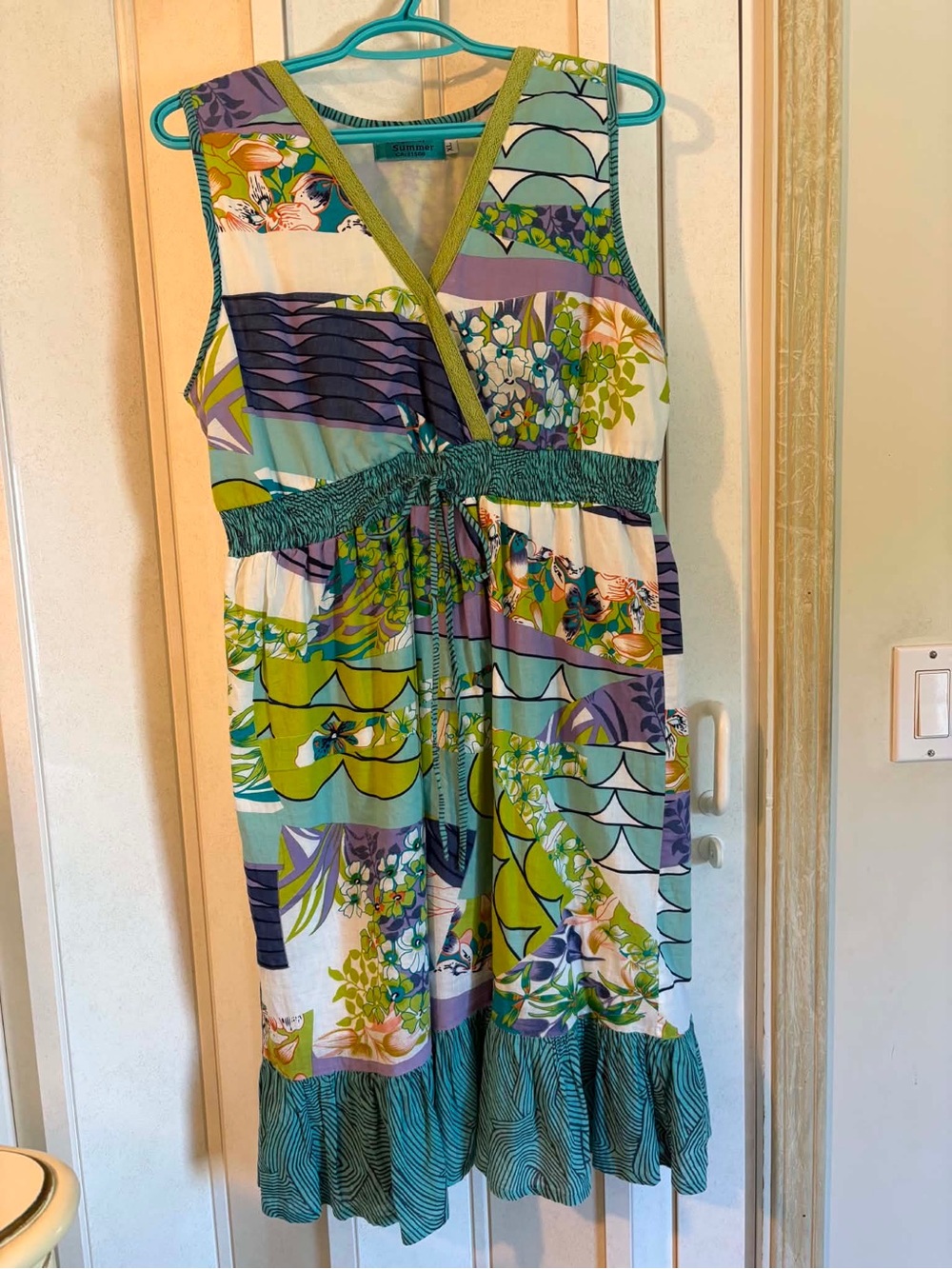 Sleeveless Midi Dress with Green and Purple Floral Patchwork